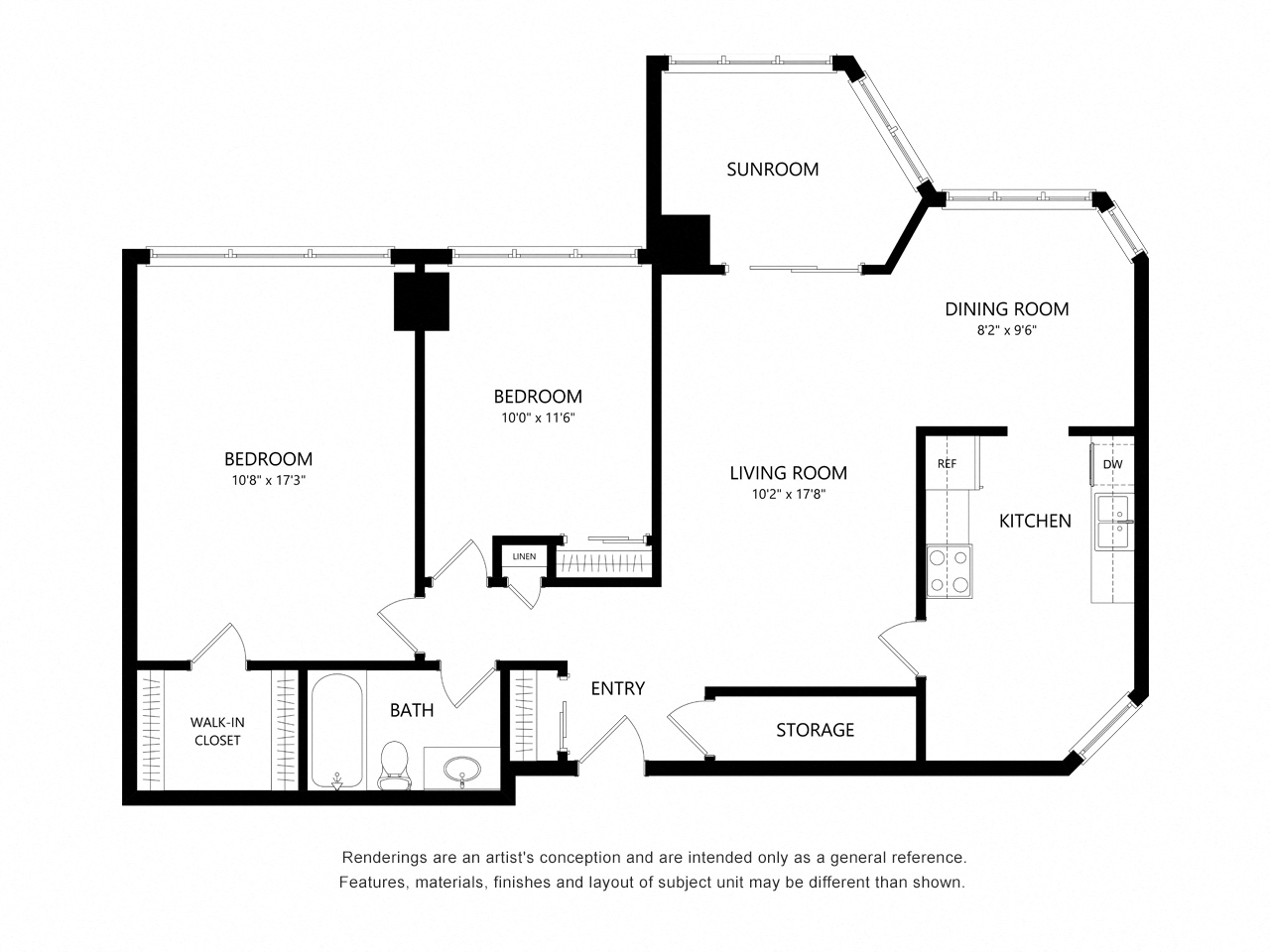 Floor plan for 2 beds, 1 bath, 917 sqft